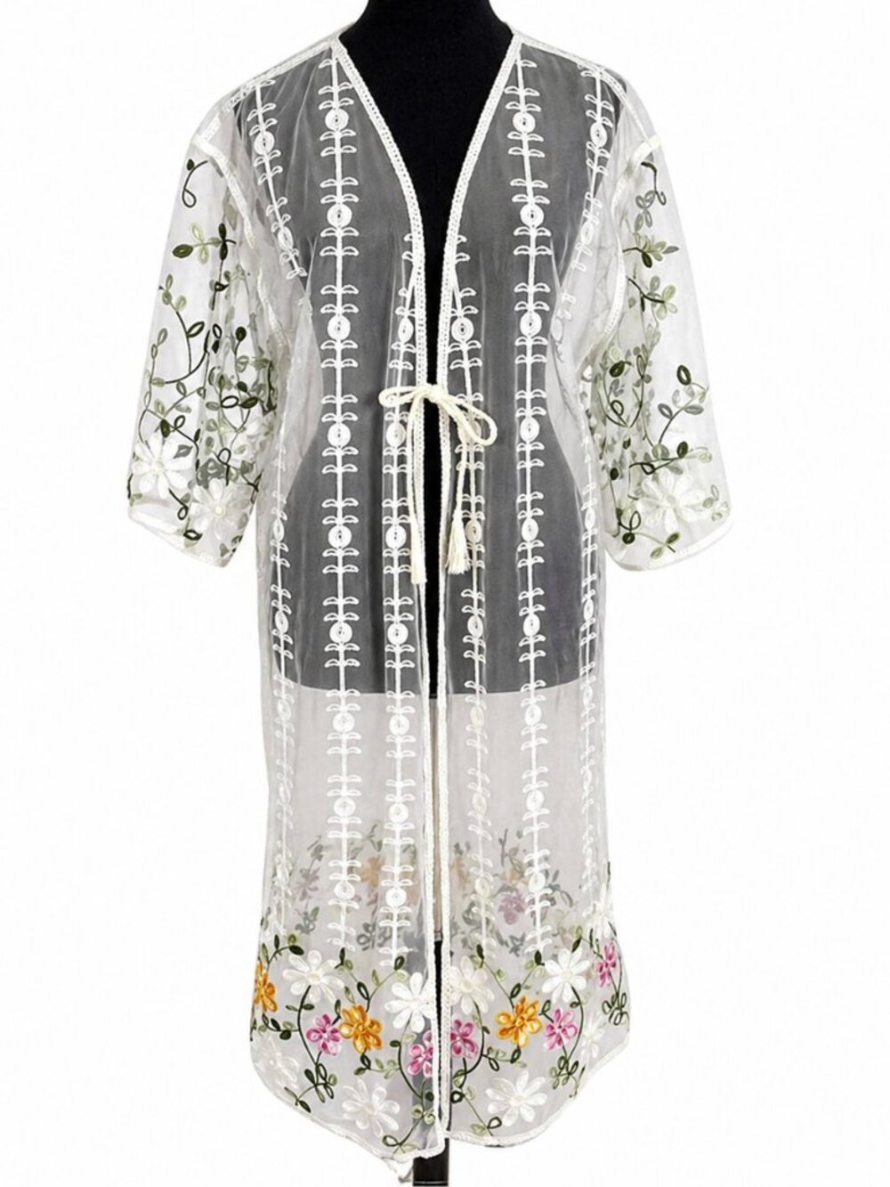 Kamana Sheer White Embroidered Floral Kimono Top Boho Tie Front